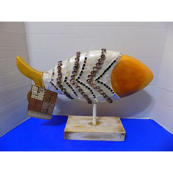 NEW Wood Carved Sea Shell Fish Statue Figurine Nautical - Picture 3 of 8